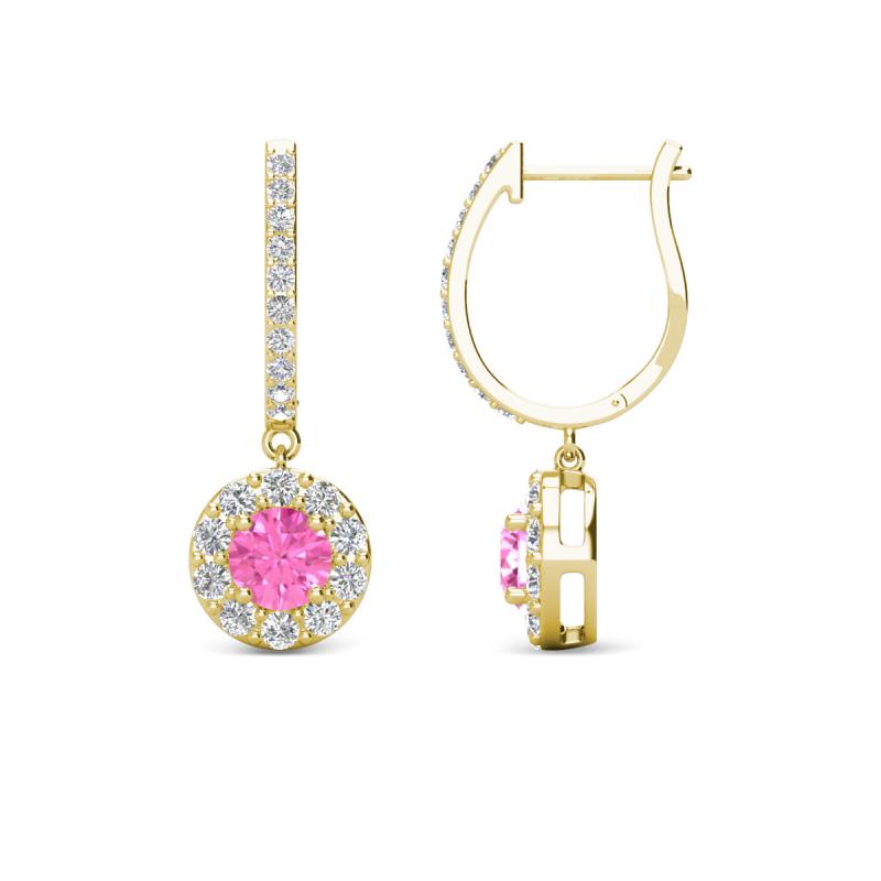 Ilona (4mm) Round Pink Sapphire and Diamond Halo Dangling Earrings 
