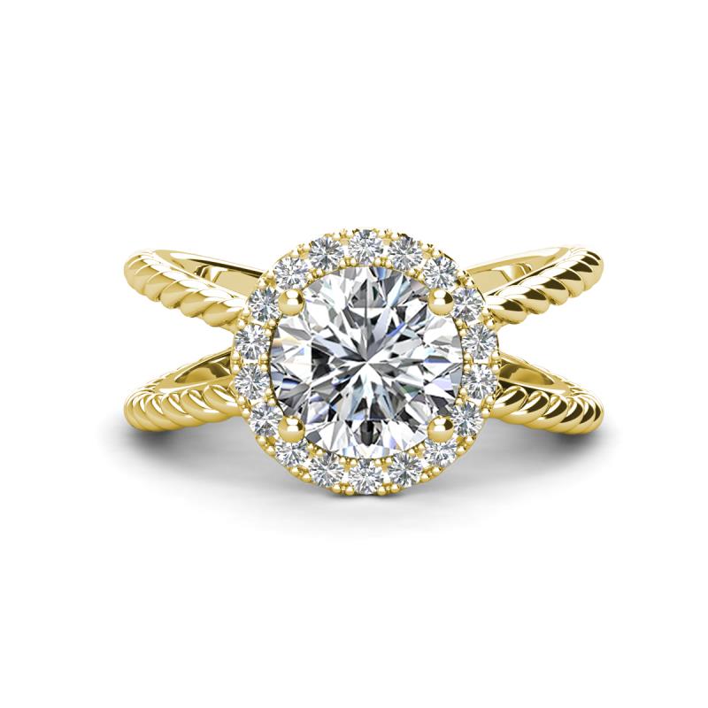 Austyn Desire Round Forever One Moissanite and Round Diamond Twisted Rope Cross Split Shank Halo Engagement Ring 