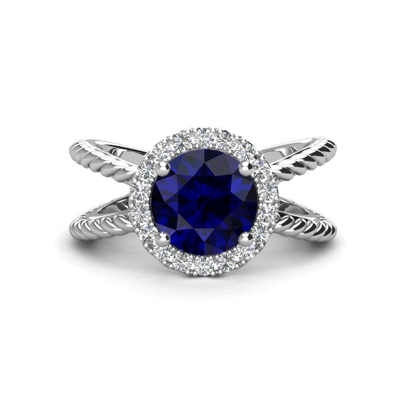 Austyn Desire Round Lab Created Blue Sapphire and Round Diamond Twisted Rope Cross Split Shank Halo Engagement Ring 