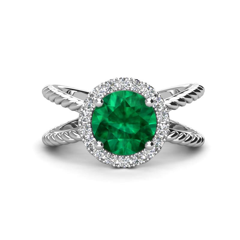 Austyn Desire Round Lab Created Emerald and Round Diamond Twisted Rope Cross Split Shank Halo Engagement Ring 