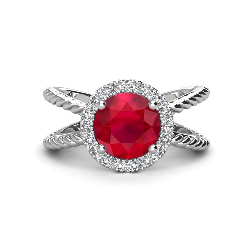 Austyn Desire Round Lab Created Ruby and Round Diamond Twisted Rope Cross Split Shank Halo Engagement Ring 
