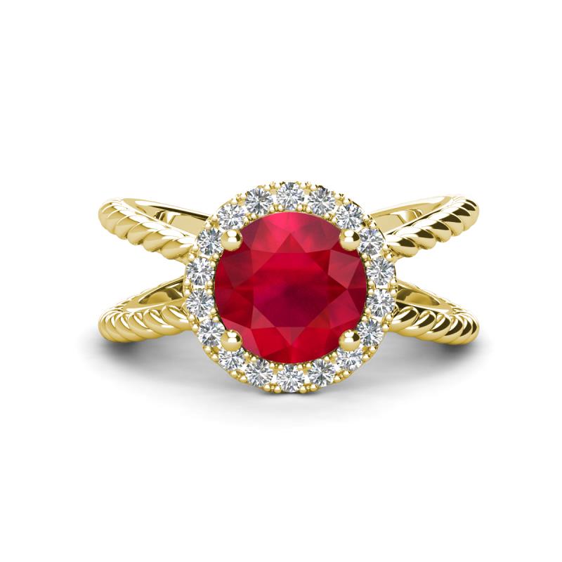 Austyn Desire Round Lab Created Ruby and Round Diamond Twisted Rope Cross Split Shank Halo Engagement Ring 