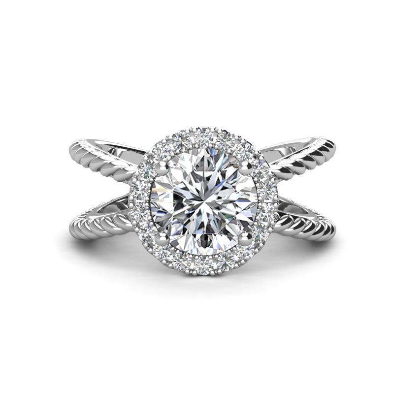 Austyn Desire Round Forever Brilliant Moissanite and Round Diamond Twisted Rope Cross Split Shank Halo Engagement Ring 