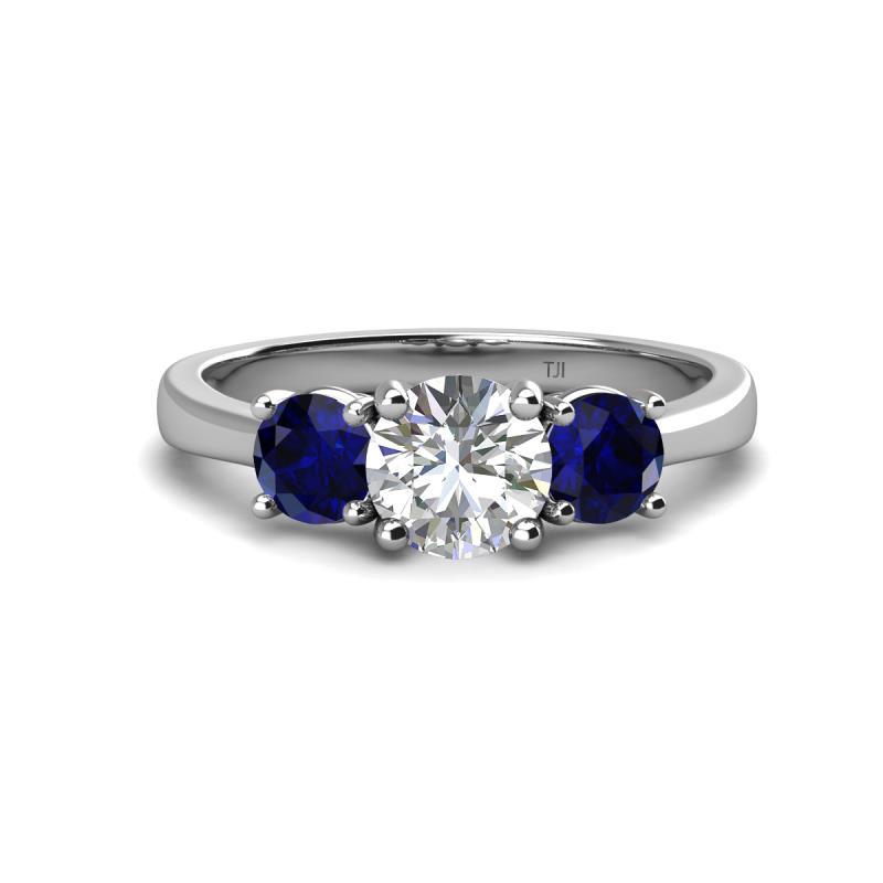 Quyen GIA Certified 2.65 ctw (7.00 mm) Round Natural Diamond and Blue Sapphire Three Stone Engagement Ring 