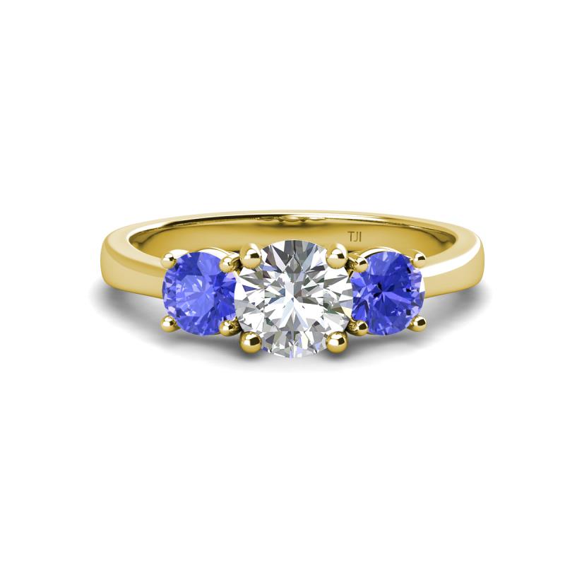 Quyen GIA Certified 2.19 ctw (7.00 mm) Round Natural Diamond and Tanzanite Three Stone Engagement Ring 