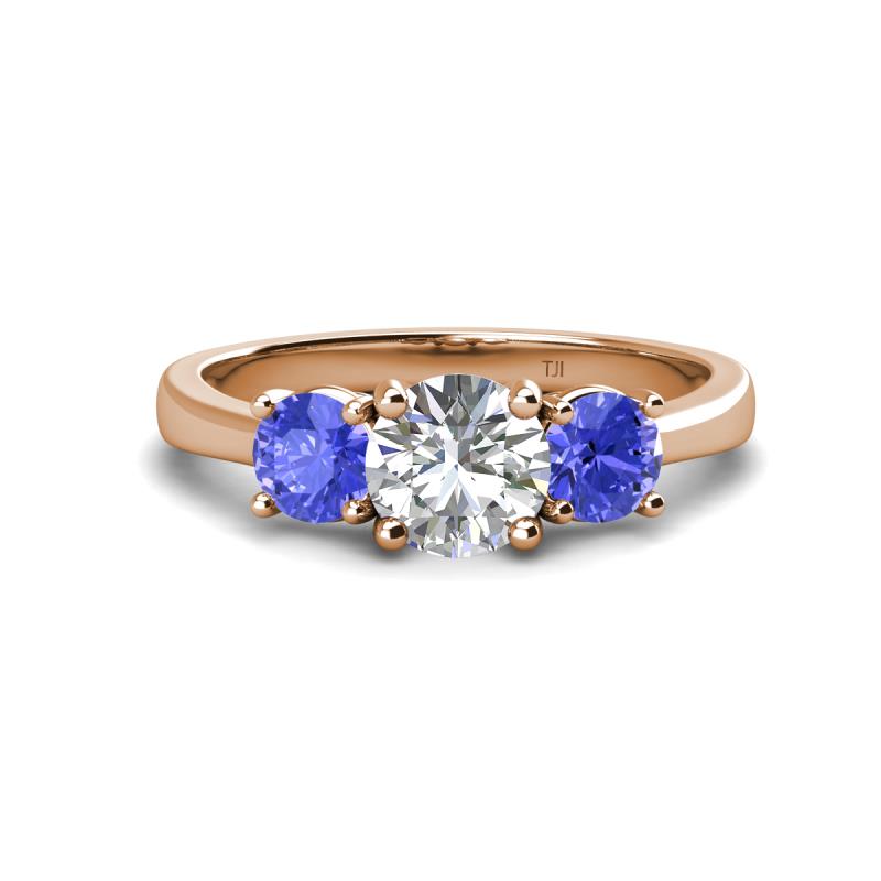 Quyen GIA Certified 2.19 ctw (7.00 mm) Round Natural Diamond and Tanzanite Three Stone Engagement Ring 
