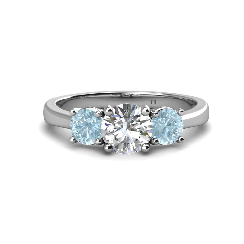 Quyen GIA Certified 2.05 ctw (7.00 mm) Round Natural Diamond and Aquamarine Three Stone Engagement Ring 