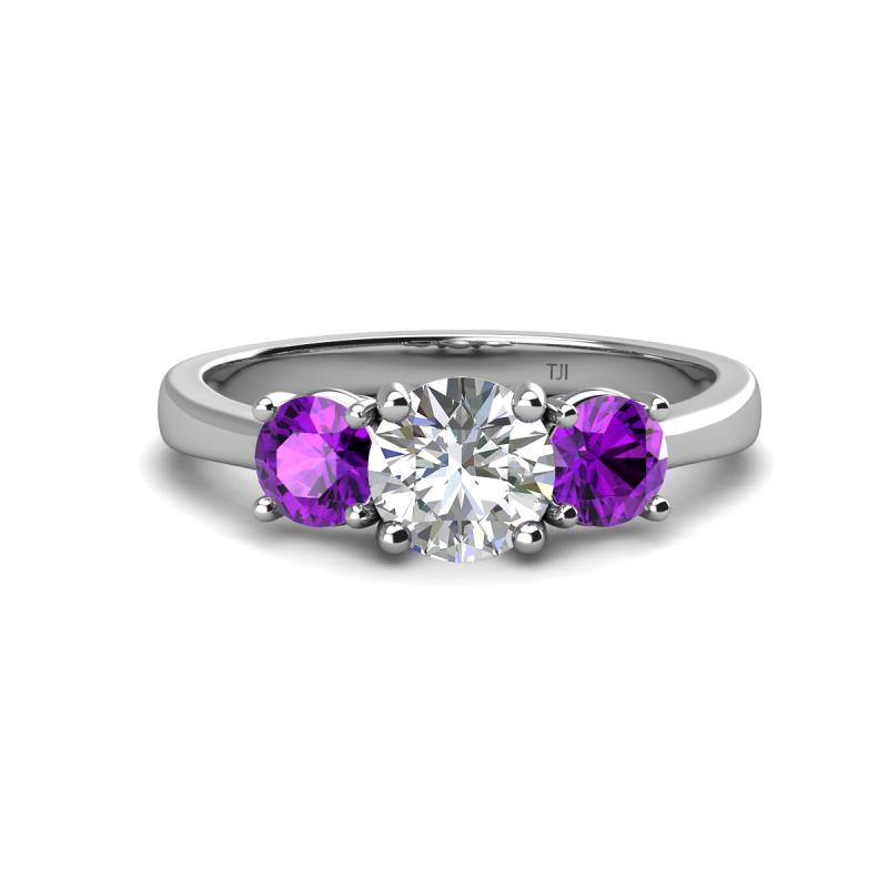 Quyen GIA Certified 2.05 ctw (7.00 mm) Round Natural Diamond and Amethyst Three Stone Engagement Ring 