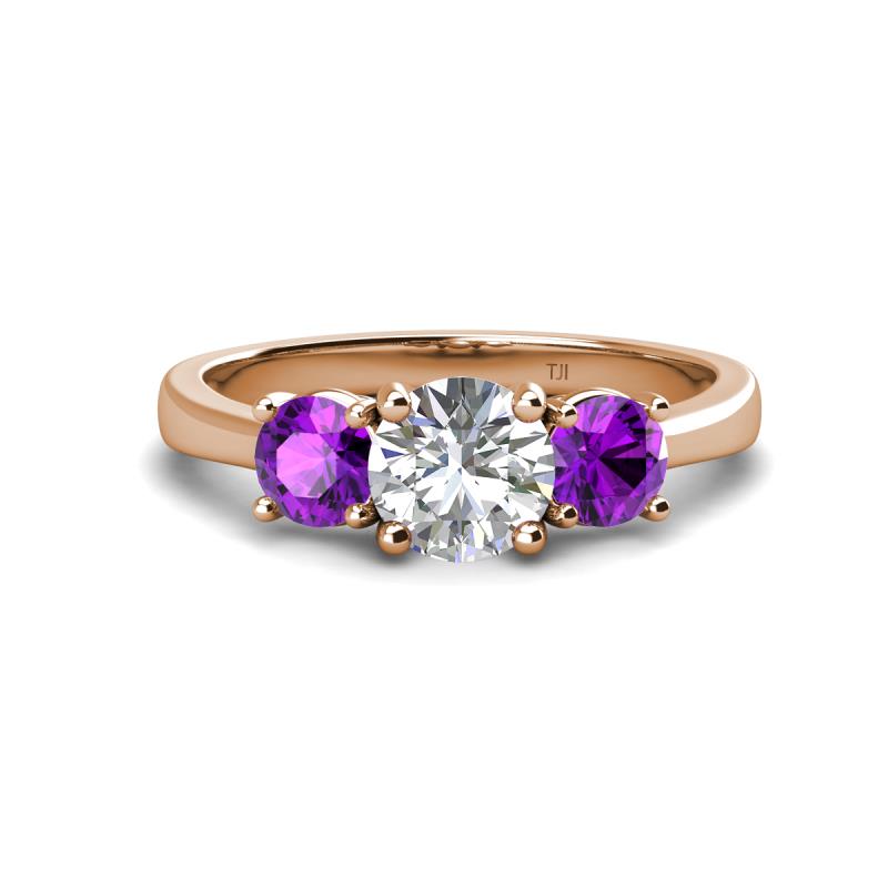 Quyen GIA Certified 2.05 ctw (7.00 mm) Round Natural Diamond and Amethyst Three Stone Engagement Ring 
