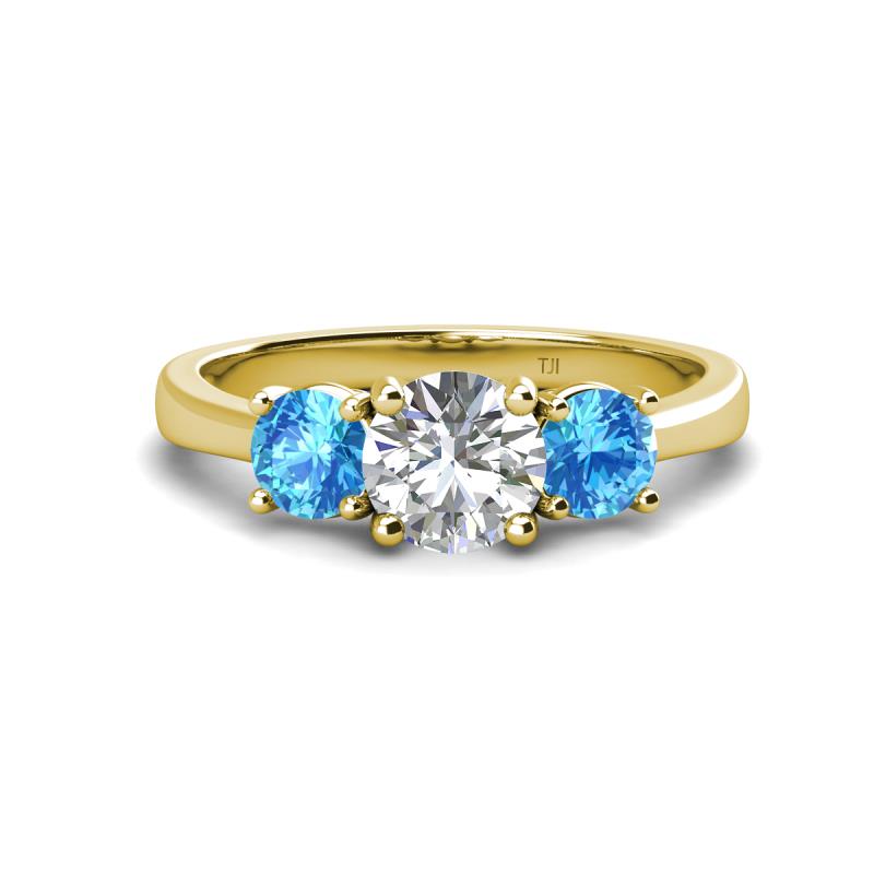 Quyen GIA Certified 2.25 ctw (7.00 mm) Round Natural Diamond and Blue Topaz Three Stone Engagement Ring 