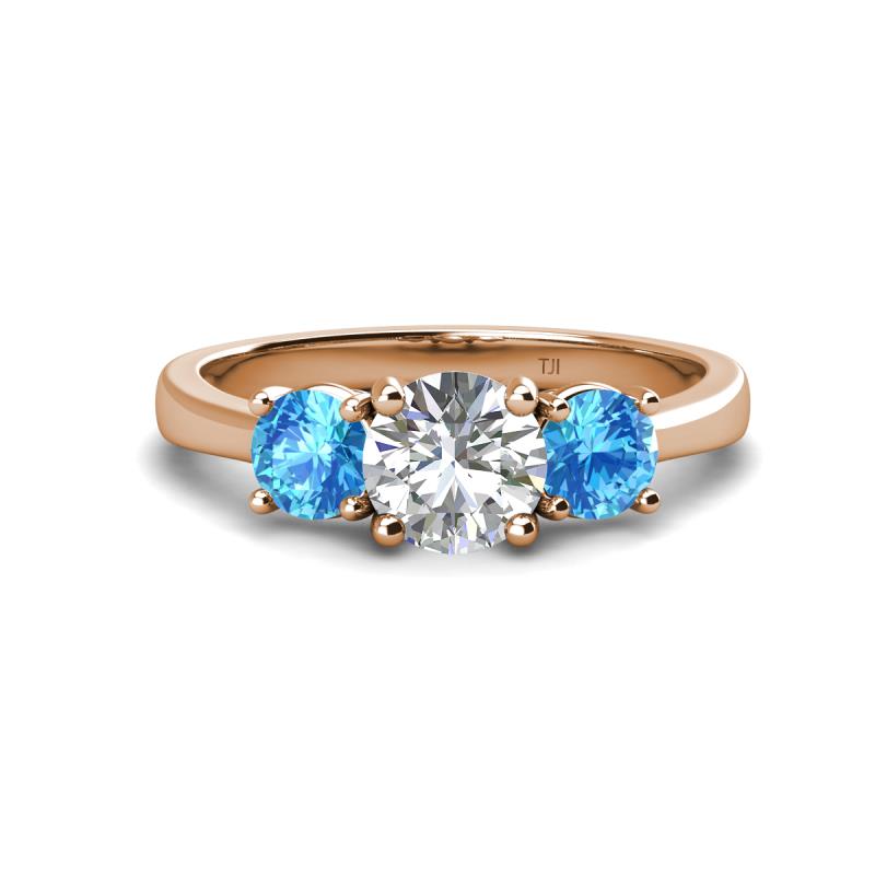 Quyen GIA Certified 2.25 ctw (7.00 mm) Round Natural Diamond and Blue Topaz Three Stone Engagement Ring 