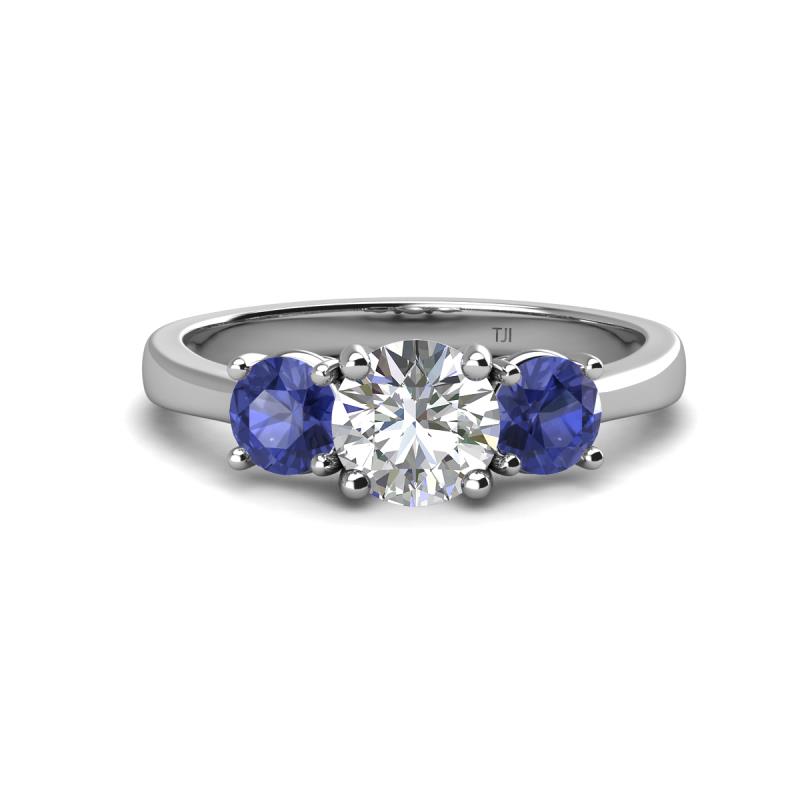 Quyen GIA Certified 2.05 ctw (7.00 mm) Round Natural Diamond and Iolite Three Stone Engagement Ring 