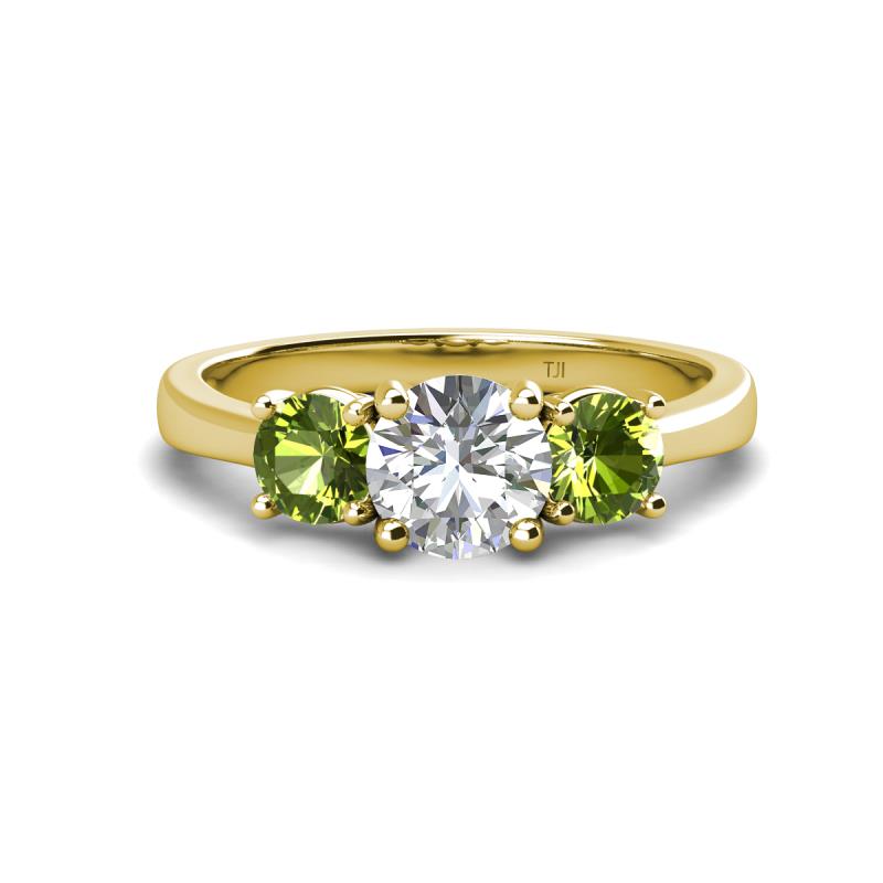 Quyen GIA Certified 2.25 ctw (7.00 mm) Round Natural Diamond and Peridot Three Stone Engagement Ring 