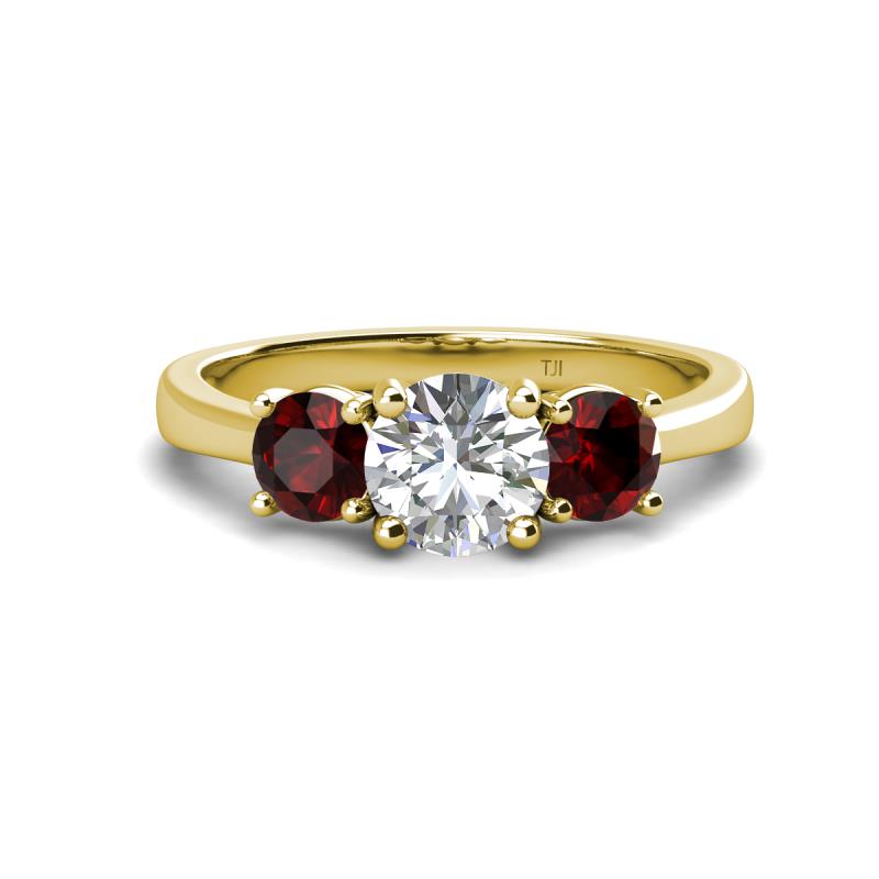 Quyen GIA Certified 2.51 ctw (7.00 mm) Round Natural Diamond and Red Garnet Three Stone Engagement Ring 