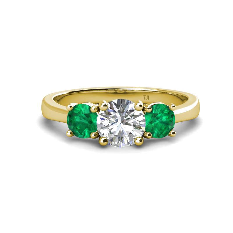 Quyen GIA Certified 2.05 ctw (7.00 mm) Round Natural Diamond and Emerald Three Stone Engagement Ring 