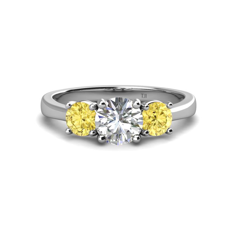 Quyen GIA Certified 2.31 ctw (7.00 mm) Round Natural Diamond and Yellow Sapphire Three Stone Engagement Ring 