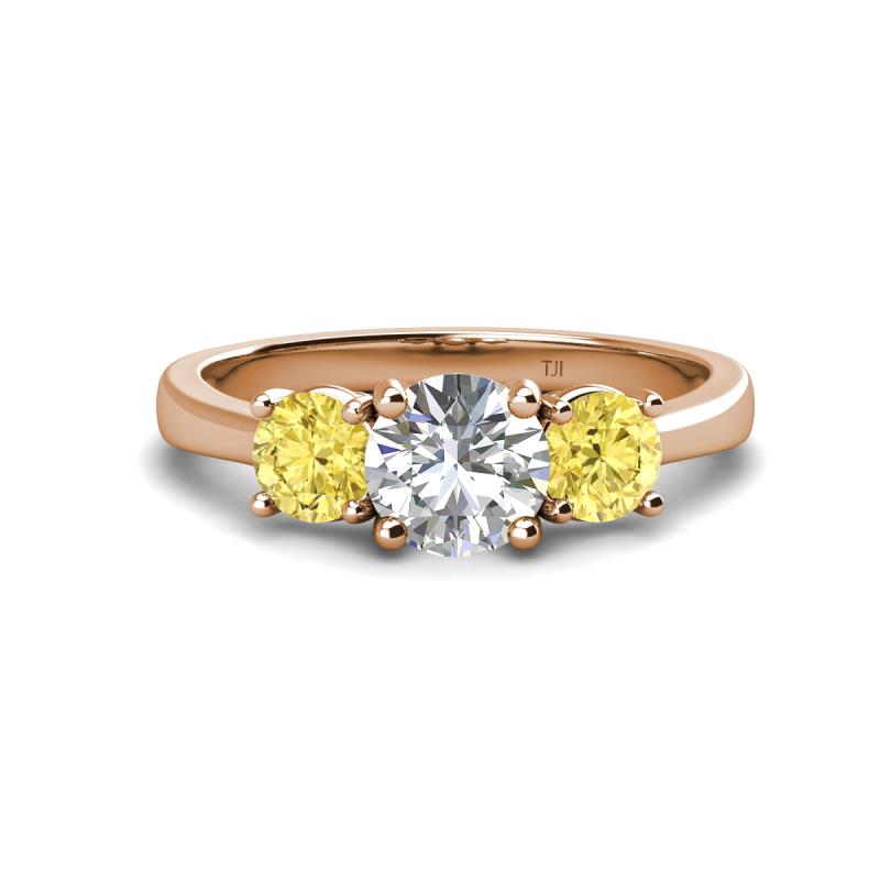 Quyen GIA Certified 2.31 ctw (7.00 mm) Round Natural Diamond and Yellow Sapphire Three Stone Engagement Ring 