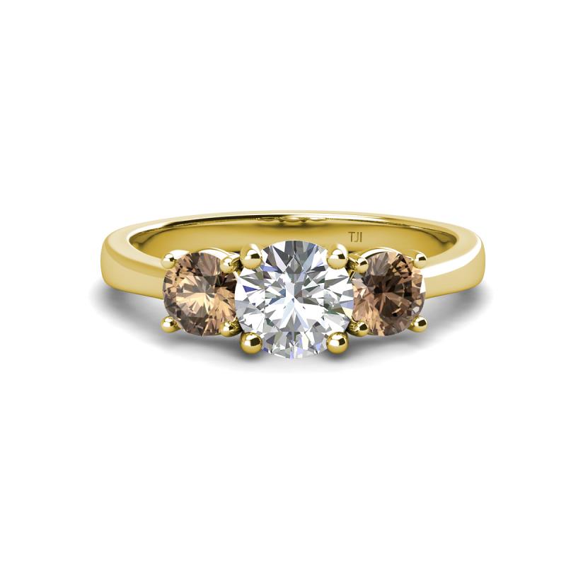 Quyen GIA Certified 2.20 ctw (7.00 mm) Round Natural Diamond and Smoky Quartz Three Stone Engagement Ring 
