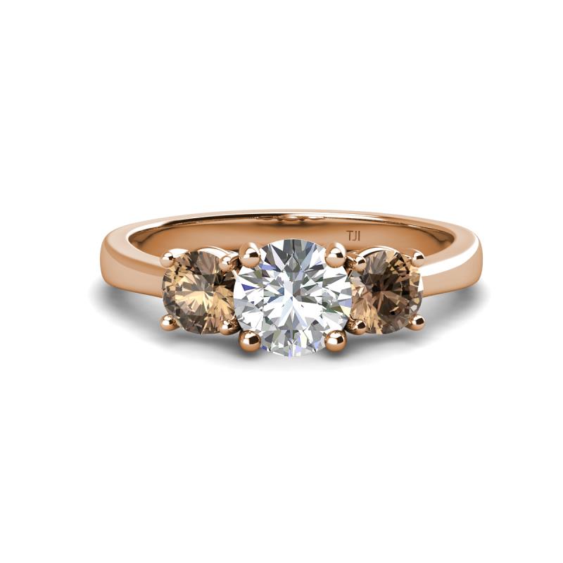 Quyen GIA Certified 2.20 ctw (7.00 mm) Round Natural Diamond and Smoky Quartz Three Stone Engagement Ring 