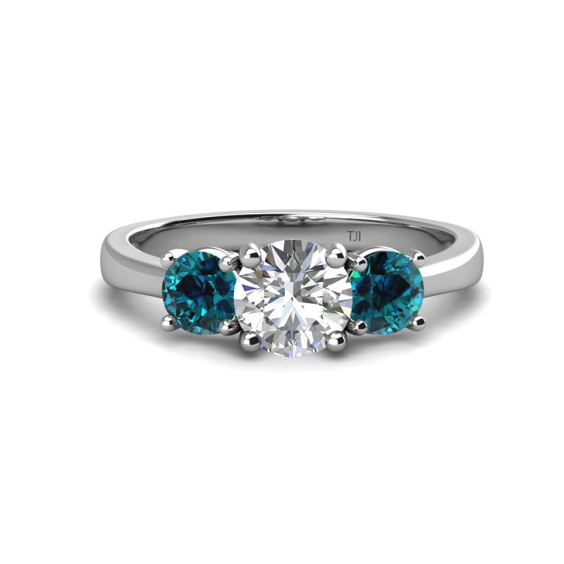 Quyen GIA Certified 2.25 ctw (7.00 mm) Round Natural Diamond and Blue Diamond Three Stone Engagement Ring 