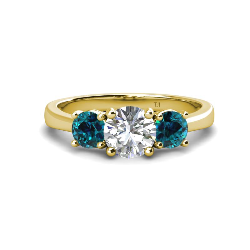 Quyen GIA Certified 2.25 ctw (7.00 mm) Round Natural Diamond and Blue Diamond Three Stone Engagement Ring 
