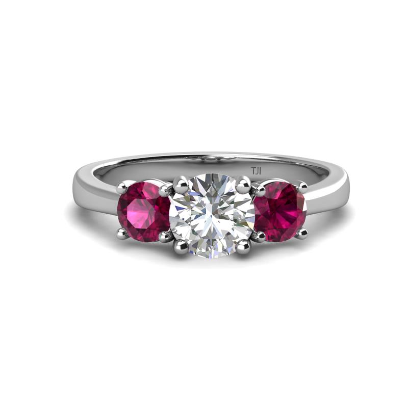 Quyen GIA Certified 2.25 ctw (7.00 mm) Round Natural Diamond and Rhodolite Garnet Three Stone Engagement Ring 