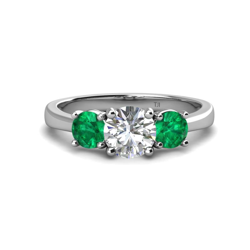 Quyen GIA Certified 2.05 ctw (7.00 mm) Round Natural Diamond and Emerald Three Stone Engagement Ring 