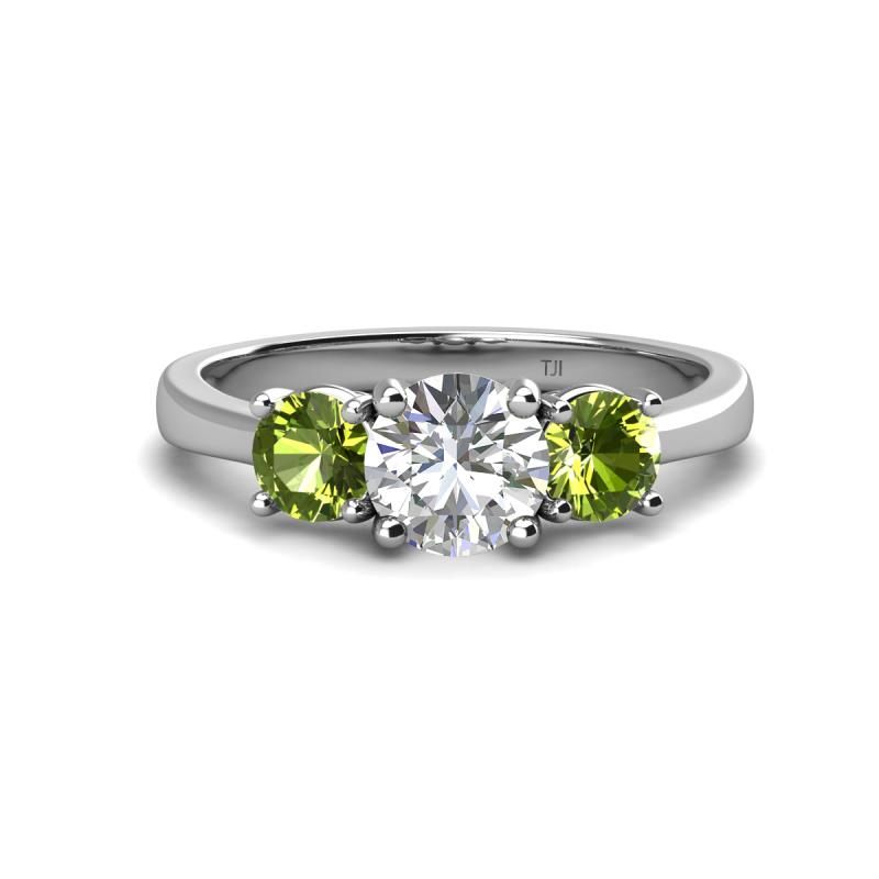 Quyen GIA Certified 2.25 ctw (7.00 mm) Round Natural Diamond and Peridot Three Stone Engagement Ring 