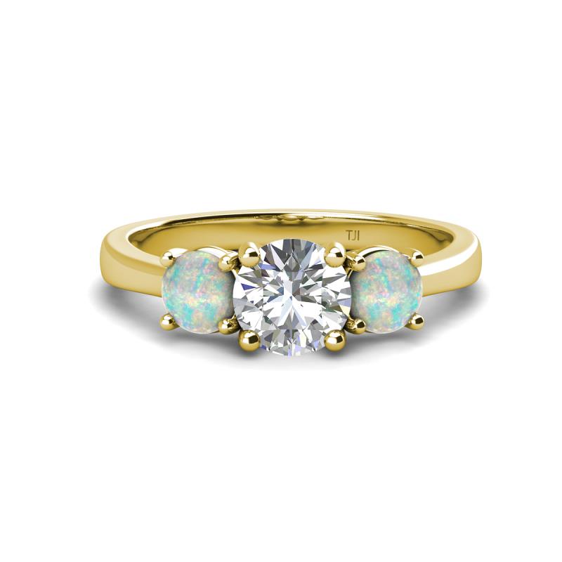 Quyen GIA Certified 1.95 ctw (7.00 mm) Round Natural Diamond and Opal Three Stone Engagement Ring 