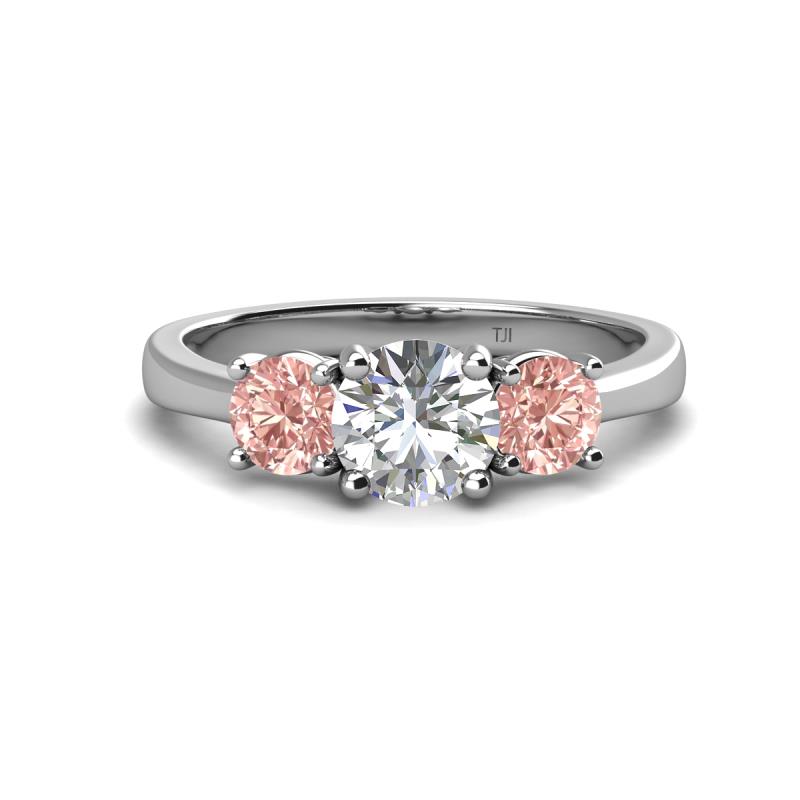 Quyen GIA Certified 2.21 ctw (7.00 mm) Round Natural Diamond and Morganite Three Stone Engagement Ring 
