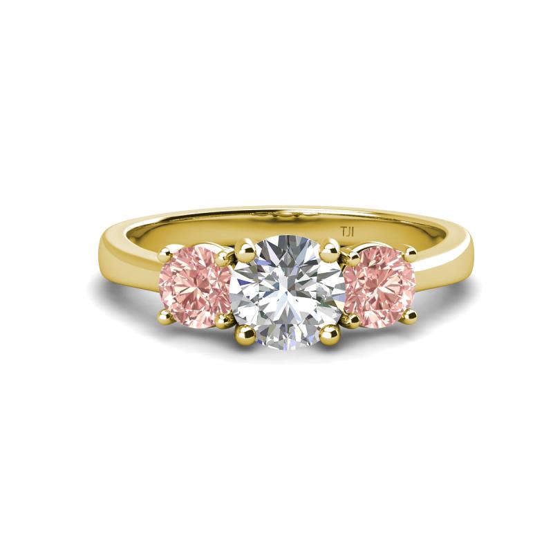 Quyen GIA Certified 2.21 ctw (7.00 mm) Round Natural Diamond and Morganite Three Stone Engagement Ring 