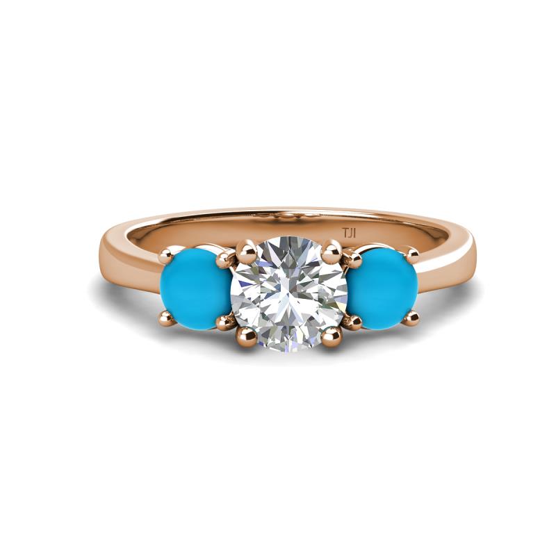 Quyen GIA Certified 1.97 ctw (7.00 mm) Round Natural Diamond and Turquoise Three Stone Engagement Ring 