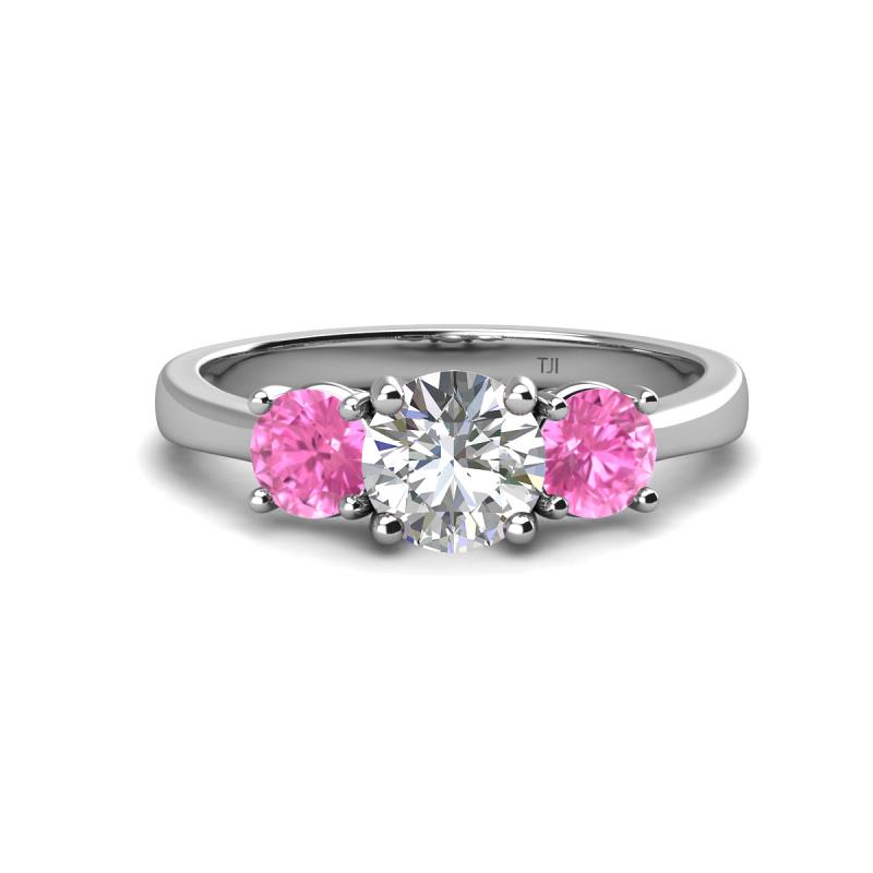 Quyen IGI Certified 2.35 ctw (7.00 mm) Round Lab Grown Diamond and Pink Sapphire Three Stone Engagement Ring 