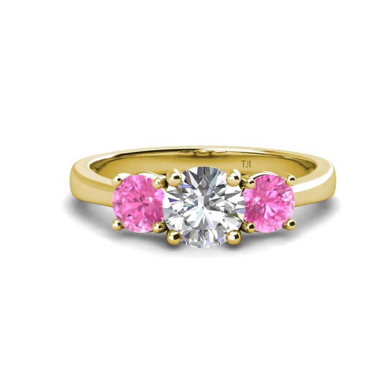 Quyen IGI Certified 2.35 ctw (7.00 mm) Round Lab Grown Diamond and Pink Sapphire Three Stone Engagement Ring 