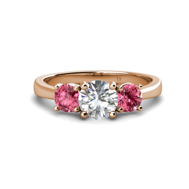 Quyen IGI Certified 2.10 ctw (7.00 mm) Round Lab Grown Diamond and Pink Tourmaline Three Stone Engagement Ring 