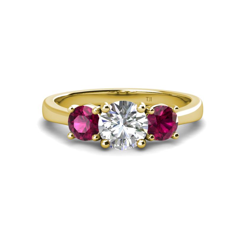 Quyen IGI Certified 2.30 ctw (7.00 mm) Round Lab Grown Diamond and Rhodolite Garnet Three Stone Engagement Ring 