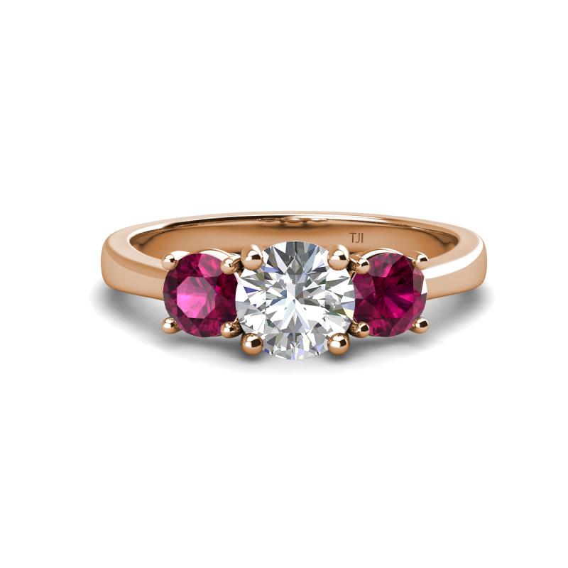 Quyen IGI Certified 2.30 ctw (7.00 mm) Round Lab Grown Diamond and Rhodolite Garnet Three Stone Engagement Ring 