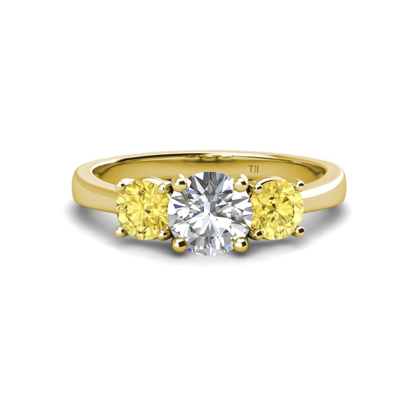 Quyen IGI Certified 2.36 ctw (7.00 mm) Round Lab Grown Diamond and Yellow Sapphire Three Stone Engagement Ring 