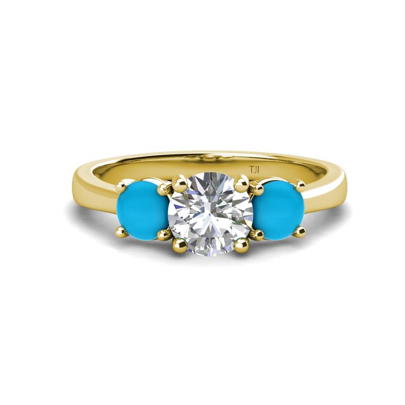 Quyen IGI Certified 2.02 ctw (7.00 mm) Round Lab Grown Diamond and Turquoise Three Stone Engagement Ring 