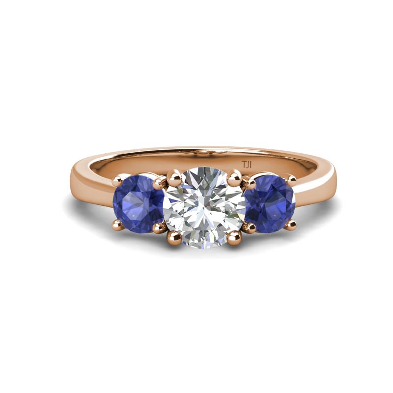 Quyen IGI Certified 2.10 ctw (7.00 mm) Round Lab Grown Diamond and Iolite Three Stone Engagement Ring 