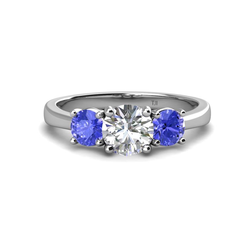 Quyen IGI Certified 2.24 ctw (7.00 mm) Round Lab Grown Diamond and Tanzanite Three Stone Engagement Ring 