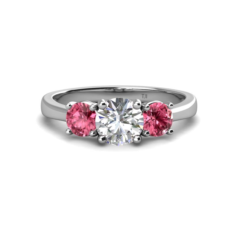 Quyen IGI Certified 2.10 ctw (7.00 mm) Round Lab Grown Diamond and Pink Tourmaline Three Stone Engagement Ring 