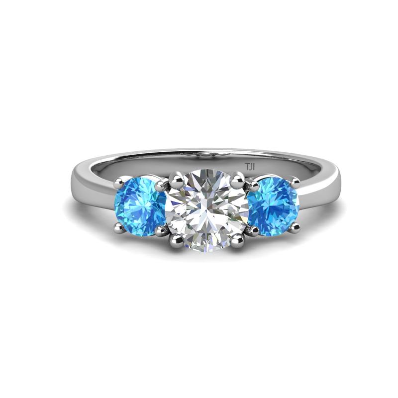 Quyen IGI Certified 2.30 ctw (7.00 mm) Round Lab Grown Diamond and Blue Topaz Three Stone Engagement Ring 