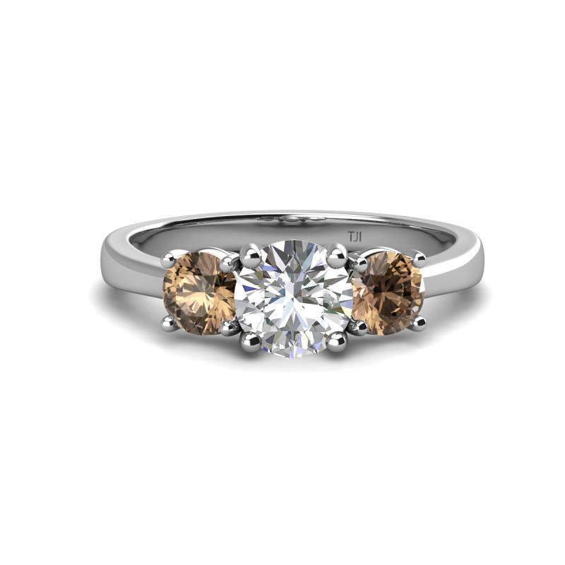 Quyen IGI Certified 2.25 ctw (7.00 mm) Round Lab Grown Diamond and Smoky Quartz Three Stone Engagement Ring 