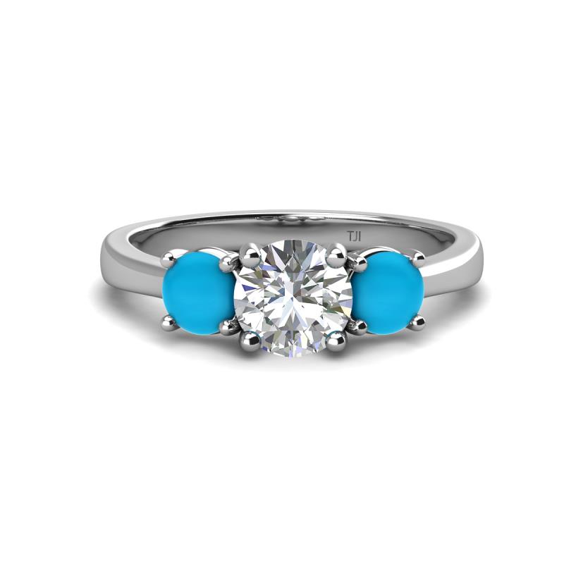 Quyen IGI Certified 2.02 ctw (7.00 mm) Round Lab Grown Diamond and Turquoise Three Stone Engagement Ring 