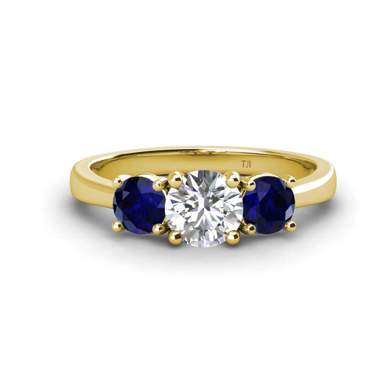 Quyen GIA Certified 2.40 ctw (6.50 mm) Round Natural Diamond and Blue Sapphire Three Stone Engagement Ring 