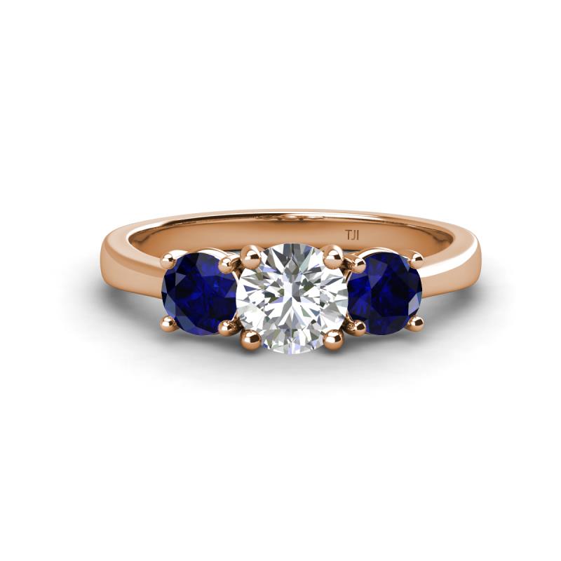 Quyen GIA Certified 2.40 ctw (6.50 mm) Round Natural Diamond and Blue Sapphire Three Stone Engagement Ring 