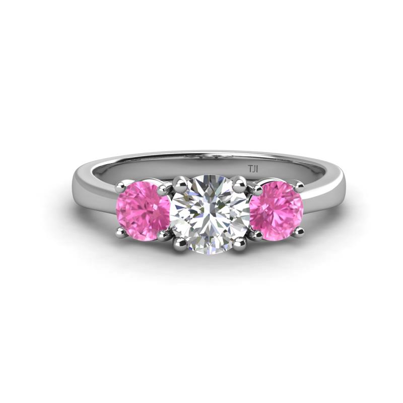 Quyen GIA Certified 2.05 ctw (6.50 mm) Round Natural Diamond and Pink Sapphire Three Stone Engagement Ring 