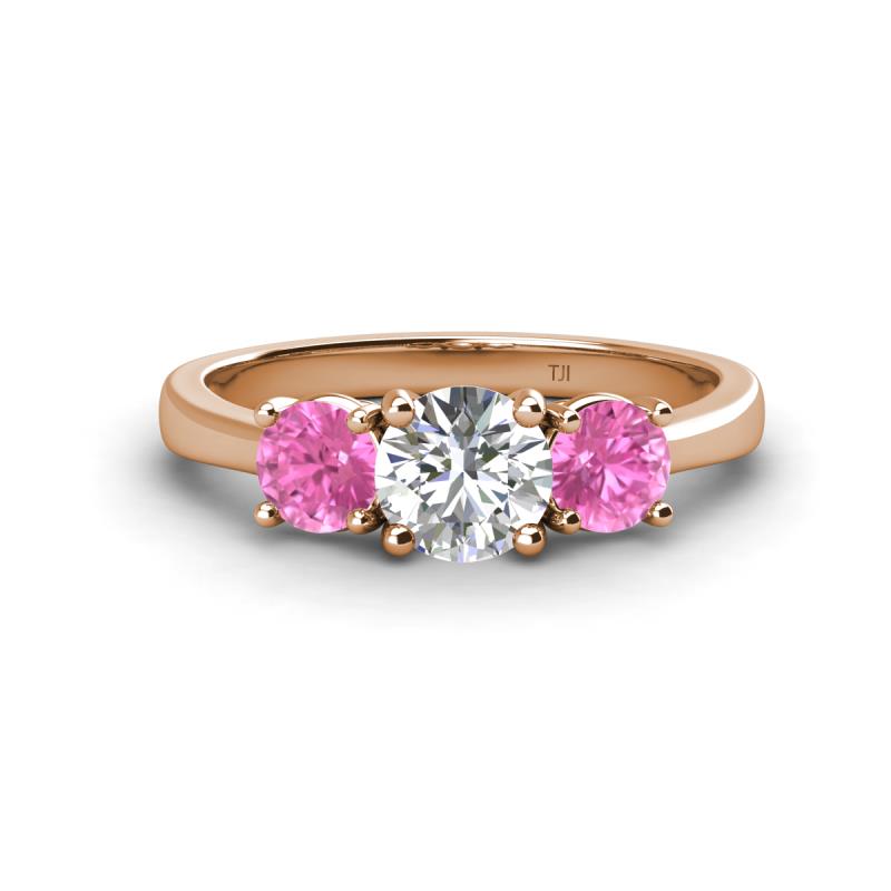 Quyen GIA Certified 2.05 ctw (6.50 mm) Round Natural Diamond and Pink Sapphire Three Stone Engagement Ring 