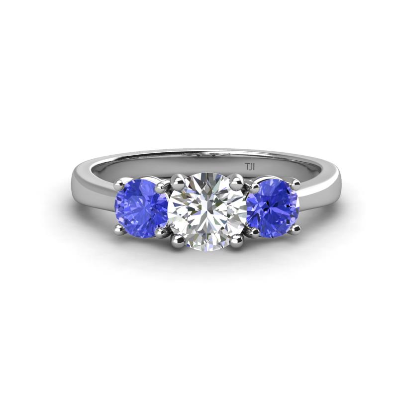 Quyen GIA Certified 1.94 ctw (6.50 mm) Round Natural Diamond and Tanzanite Three Stone Engagement Ring 
